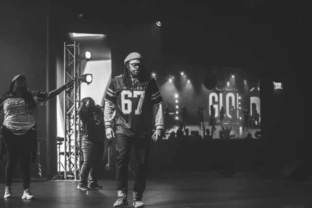 Black and white live performance photograph